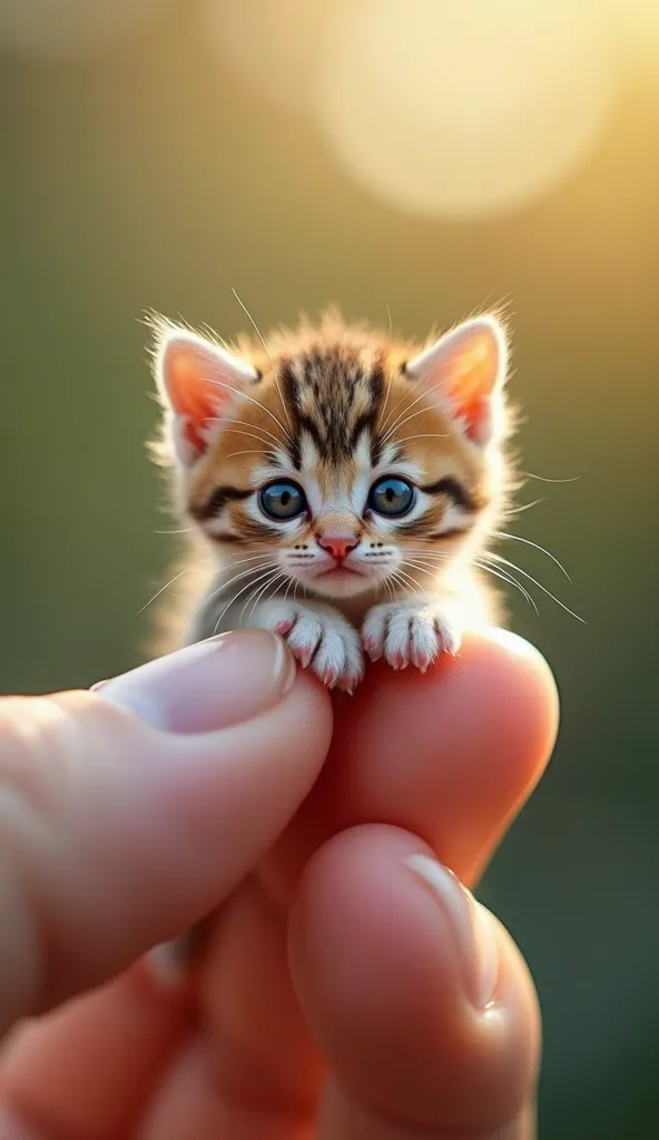 :
An adorable cat baby animal resting on a human fingertip. The animal is so tiny that it is no bigger than a thumb, gently cradled by the finger. It looks straight at the viewer with big, expressive eyes, its soft fur in vibrant colors with subtle pattern...