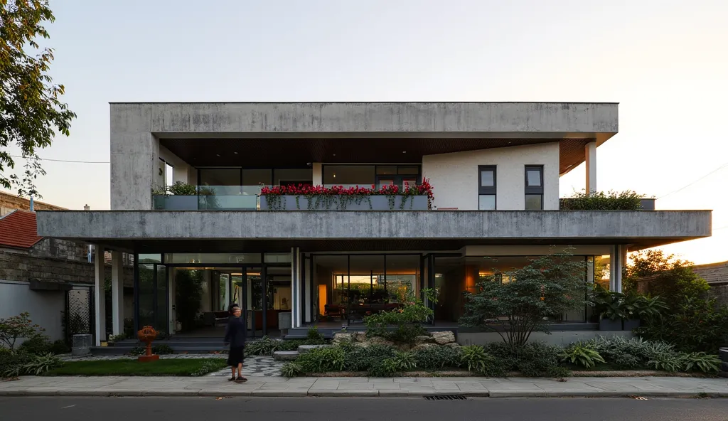 "Hyper-realistic and cinematic front-view photograph of a modern house on a London street at sunset, designed in the style of Tadao Ando but shaped like Villa Näset by Reppen Vilson. The house features exposed smooth concrete walls with Ando’s signature mi...