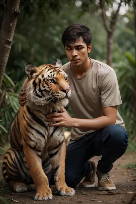 A young man sits and is approached by a Sumatran tiger 