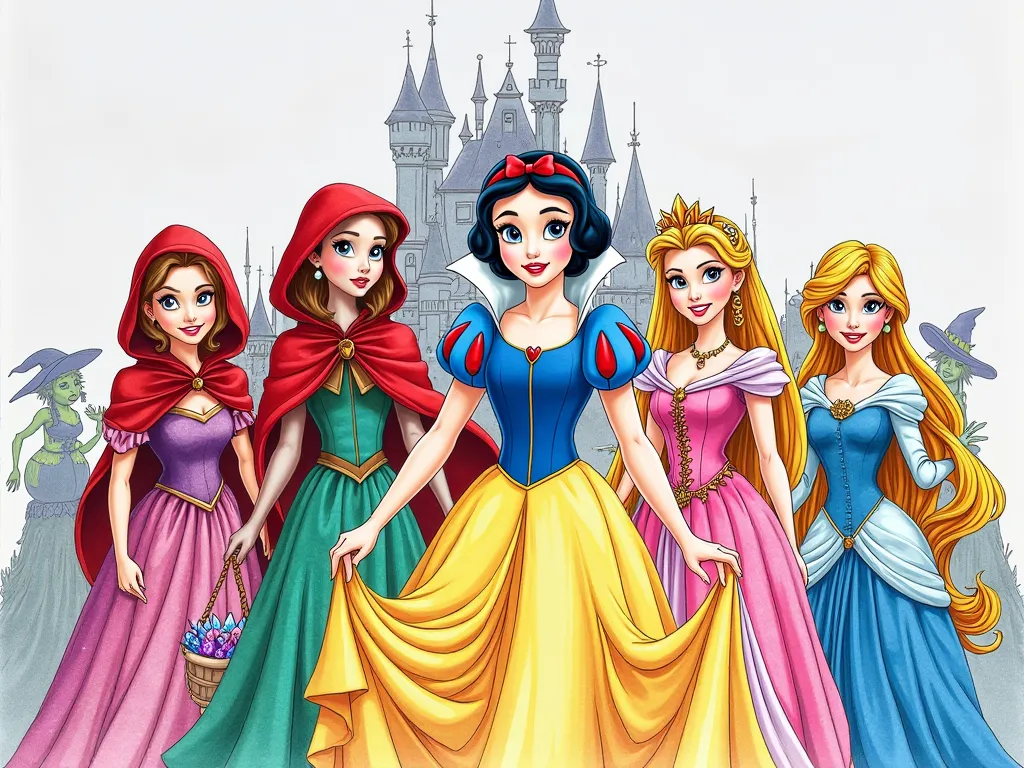 Create a drawing of six Disney princesses, with colors, which are Snow White in the center of the image, Little Red Riding Hood, Beauty and the Beast, Sleeping Beauty, Ramunzel, Aurora. These princesses in a funny or crazy position, with their crystal bags...