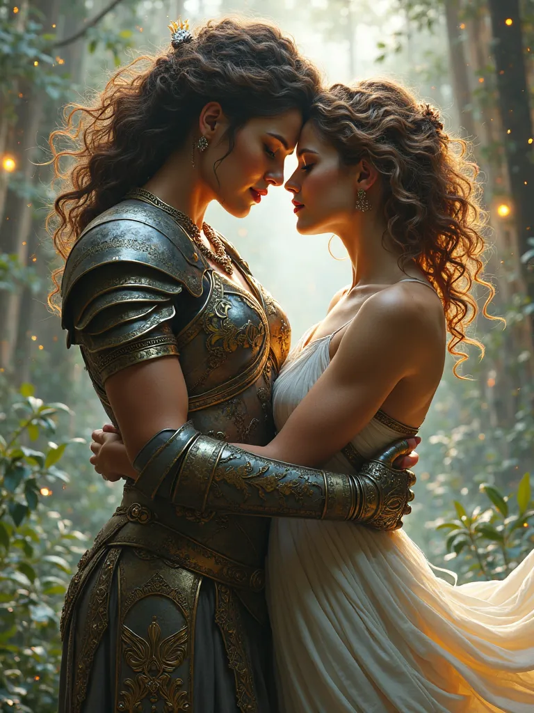 A woman with her armor and her curly hair. Embraced with the goddess Aphrodite, in love