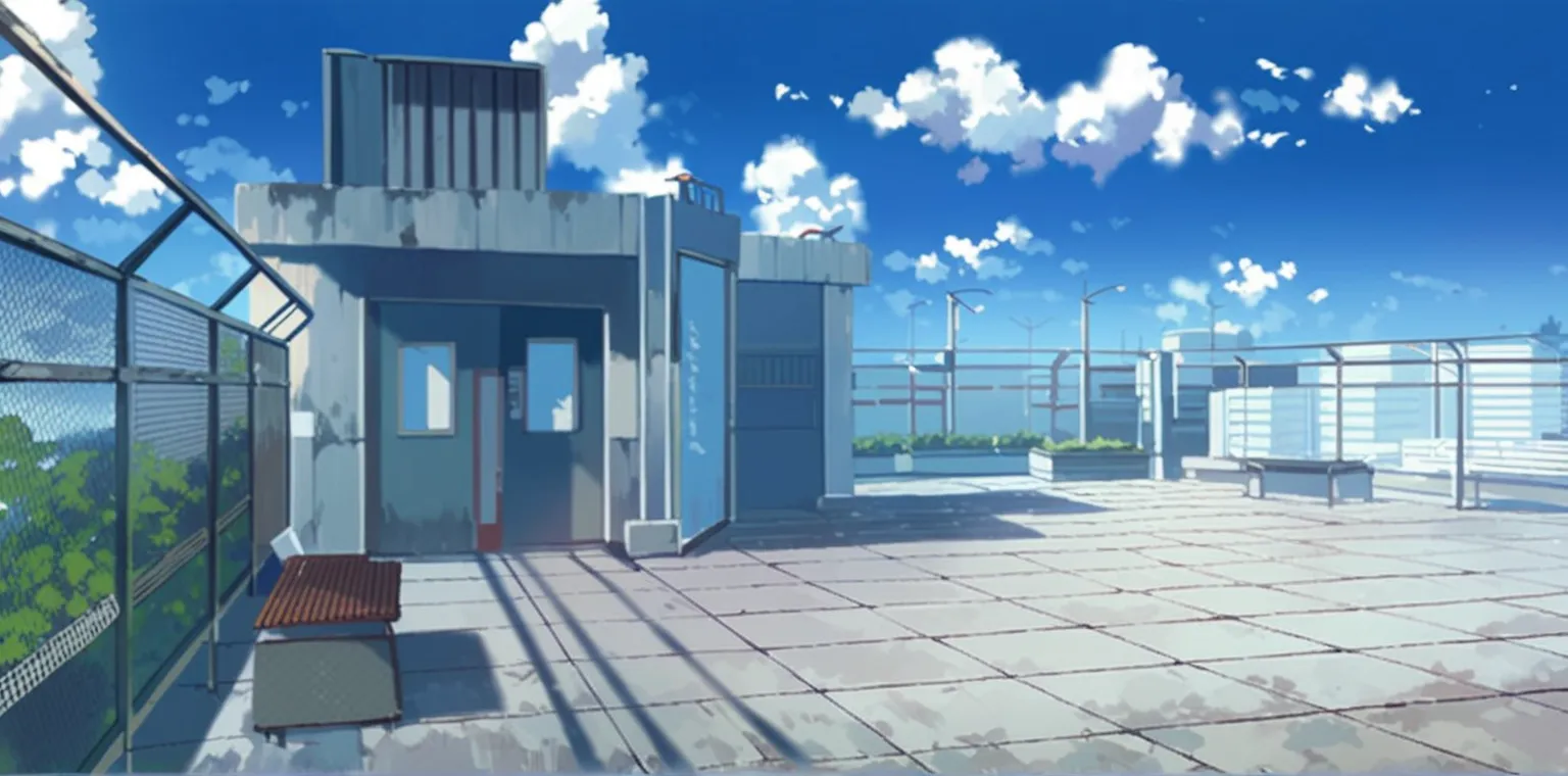 there is a bench on the roof of a building with a view of the ocean, anime background art, anime background, anime scenery, anime scenery concept art, anime scene, anime movie background, style of makoto shinkai, random background scene, style of madhouse ...