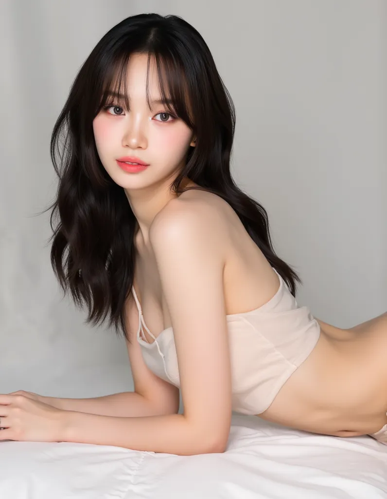 This is a picture of a young woman lying naked。22 year old woman , I have black hair with bangs。East Asian woman, white in color and thin。