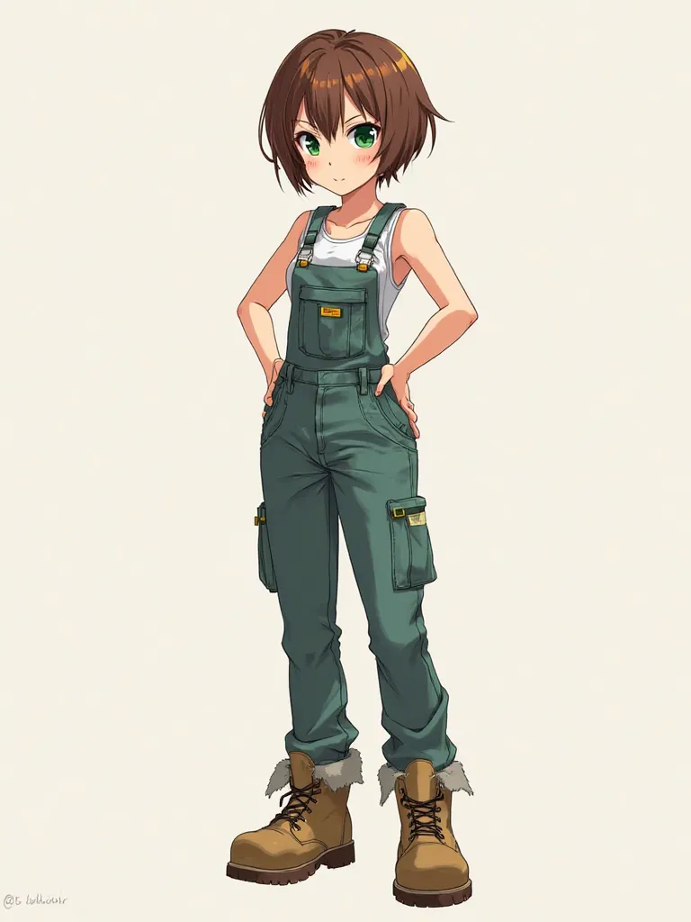 Make a anime style image, brown hair, Tomboy, short hair, fit body, overalls, work boots, sleeveless shirt, short hair, green eyes