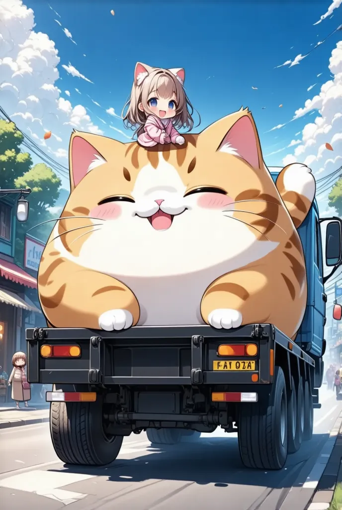 detailed anime, dramatic scene, detailed eyes, a giant fat cat is on the truck, cute chibi girl is on the cat's belly, a giant fat cat is larger than the truck, cat opens its eyes,