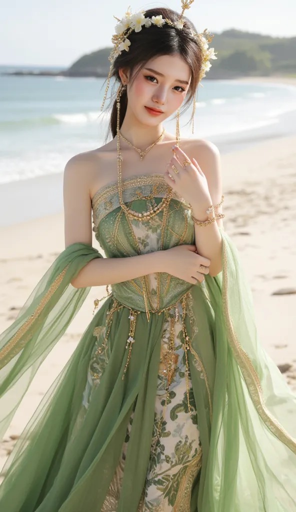 A graceful figure stands poised in a magnificent traditional costume, adorned with elaborate floral headdress and cascading golden accessories, capturing the essence of cultural elegance. The ensemble features a shimmering green top intricately embellished...