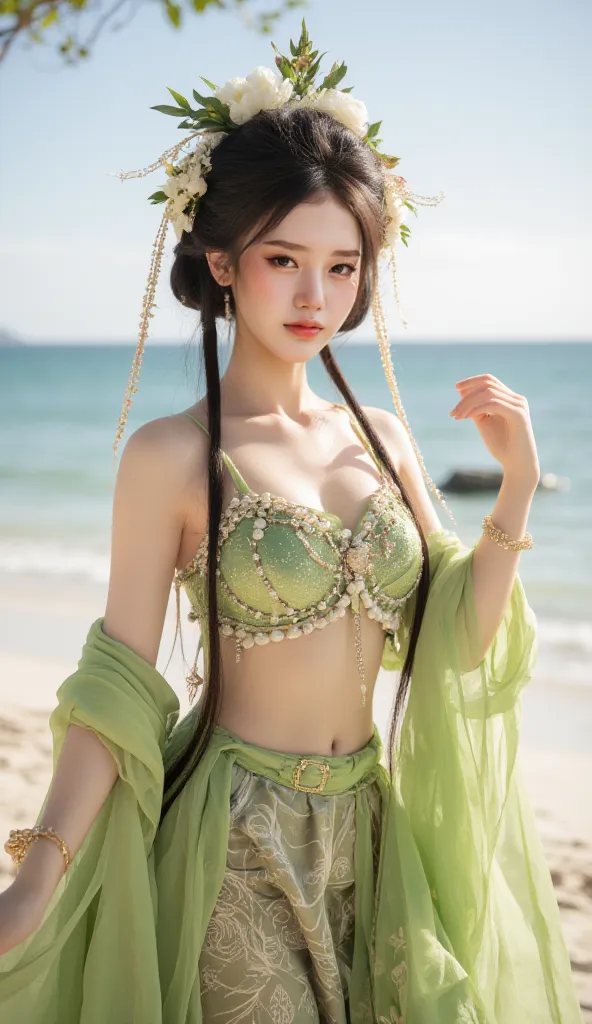 A beautiful woman graceful figure stands poised in a magnificent traditional costume, adorned with elaborate floral headdress and cascading golden accessories, capturing the essence of cultural elegance. The ensemble features a shimmering green top intrica...