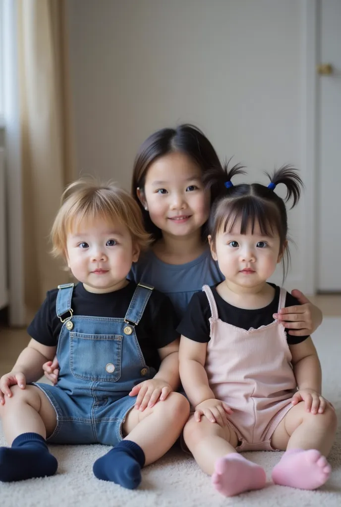 Realistic photography art, full body, extremely realistic photo of twin siblings and older sibling. A baby boy sitting, he has honey-blond hair, long hair, messy slightly wavy hair, striking light blue eyes, asian eye shape, fair skin. Wearing blue overall...