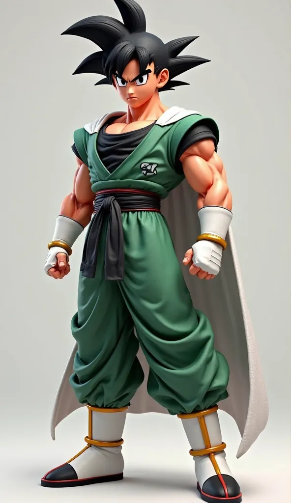 "A hyper-realistic 8K 3D full-body render of Gohan, standing in a dynamic, heroic stance, exuding confidence and power. His athletic, well-toned physique is detailed with subtle muscle definition, reflecting his years of intense training. His sharp facial ...