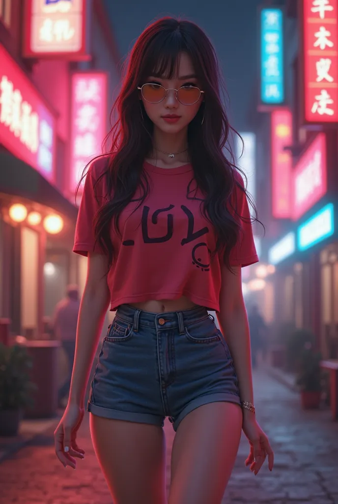 걸작, 고화질,  K-pop idol girl , 3D Pixar style,   Artstation trend , full body photo,  art photo , shirt,  short jeans that make you look younger, Counterfactual, night, distance, Red-light district,  Enchanting lighting, 