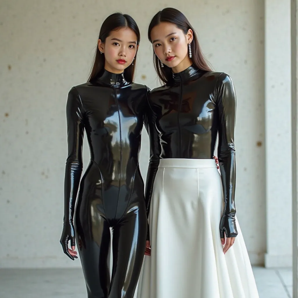 a  girl and her mom is wearing a full enclosed bodyfit skintight black latex catsuit and under white skirt.