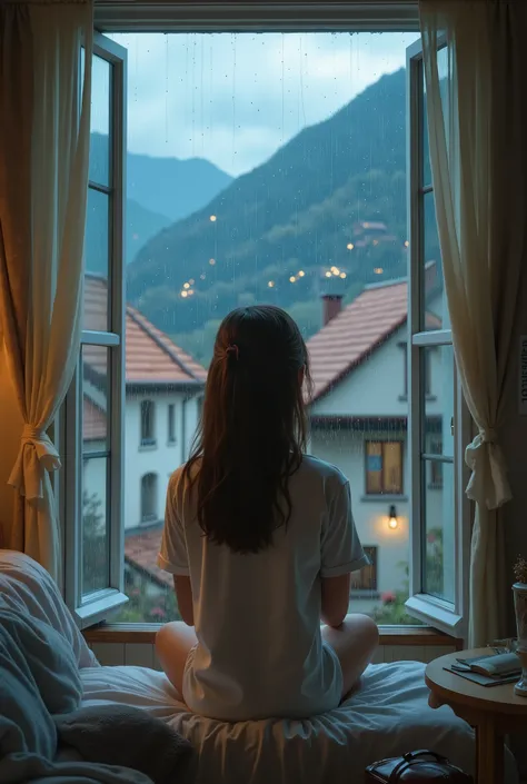 Raindrops Dripping from the Roof, Slow Motion Shooting, From inside the house, looking out the window, girl's back view、dusk、High altitude mountainous area、European Streetscapes、orange roof