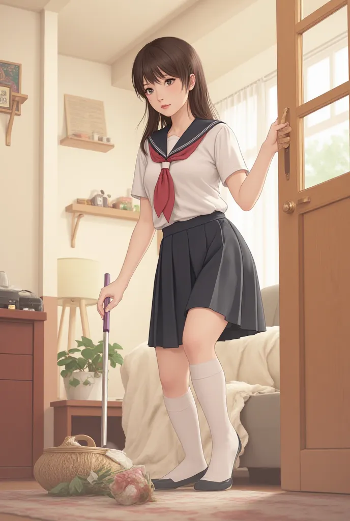  japanese adult girl　
school uniform、Skirt、white high socks for s、living room
cleanup