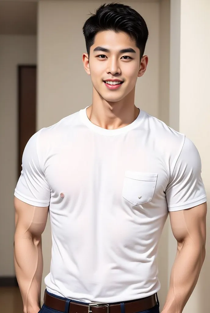  Realistic, Realistic, Natural Light , 17-year-old handsome Korean man ,  wearing a short-sleeved white shirt with a right pocket ,Banned from folding sleeves ,  neatly buttoned, Cobaltblue ,  dark brown belt , Thailand male high school student dress model...