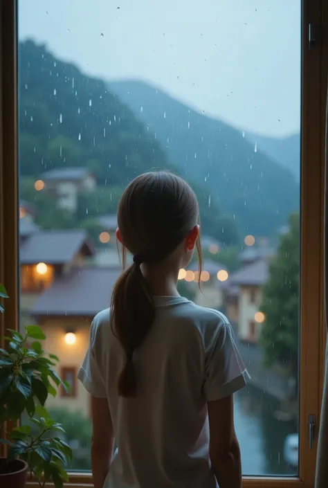 Raindrops Dripping from the Roof, Slow Motion Shooting, From inside the house, looking out the window, girl's back view、Shepard is spoiled、dusk、High altitude mountainous area、European Streetscapes、orange roof