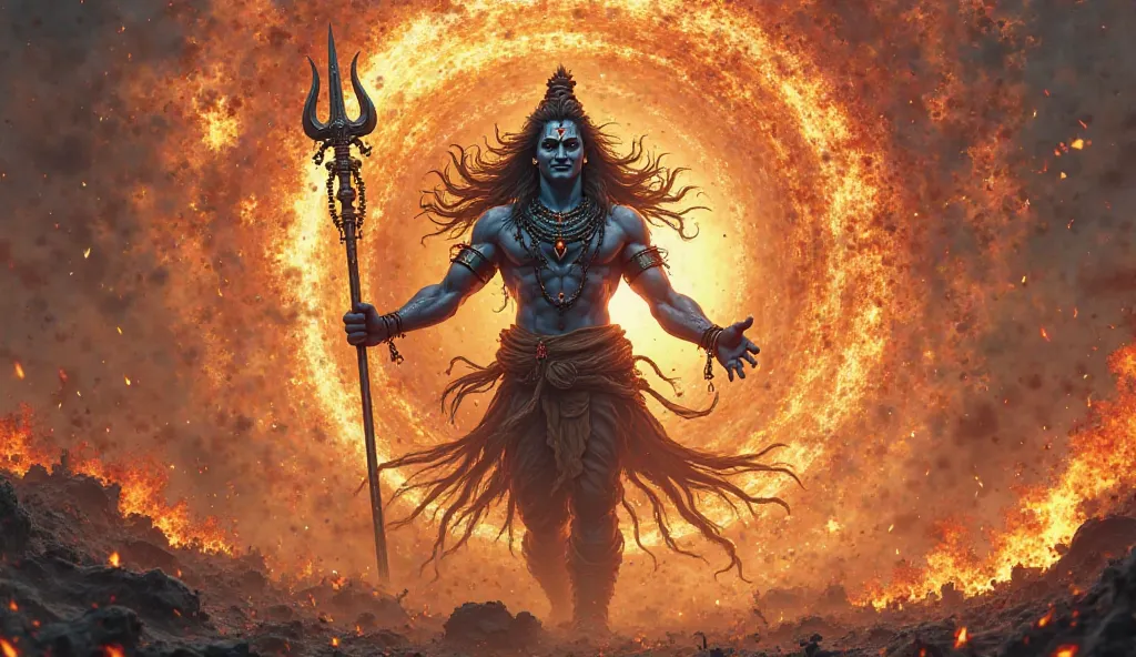 "An apocalyptic form of Shiva, surrounded by a swirling vortex of fire and cosmic energy. His massive, dark blue form is covered in war paint, his eyes glowing with the fury of the universe. His canine teeth are visible in a fearsome grin, and his black se...