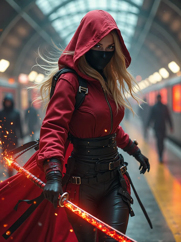 Blonde ninja female, cyberpunk, cyberpunk train staiton, garnet red costume, Kunoichi, fantasy, sci fi , robotik, mystery, Action, running, volt runner, night, hero, parkour runner , black mask and red hood, orange shiny eyes, wielding ember katana, killin...