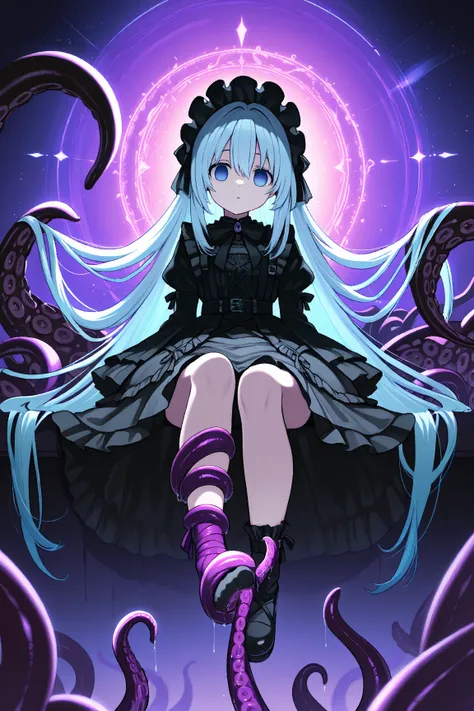 character focus, High Contrast,  [ Dark バックグラウンド]Purple,Shineeyes,Purple色のテーマ , Shine, Shine 光粒子,masterpiece,very aesthetic,best quality,great quality, 1 girl,A neutral  girl, dark light blue hair ,Shoulder-length Hairstyle Wave,illustration, Dark ,empty e...