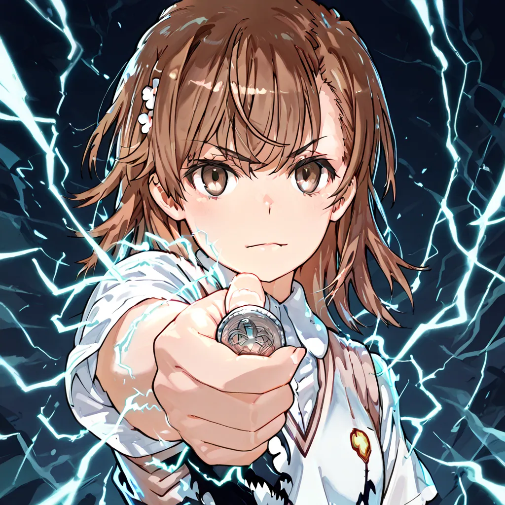 Top quality,misaka mikoto,1girl,solo,venom_assimilation,coin, holding coin, facing viewer, looking at the viewer, electricity, electrokinesis