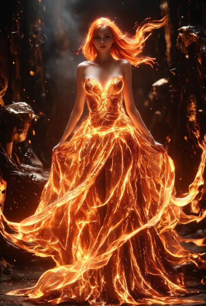  Fire Spirit 、Droopy eyes((Long Straight Glowing Red Hair))beautiful, smooth, white, silky skin((very, very big eyes that shine red)) glossy red lips 、 very lean body、 Fire Spirit 、Very Gorgeous Magical Fantasy Dress、Luxurious crown、Luxurious Rings and Bra...