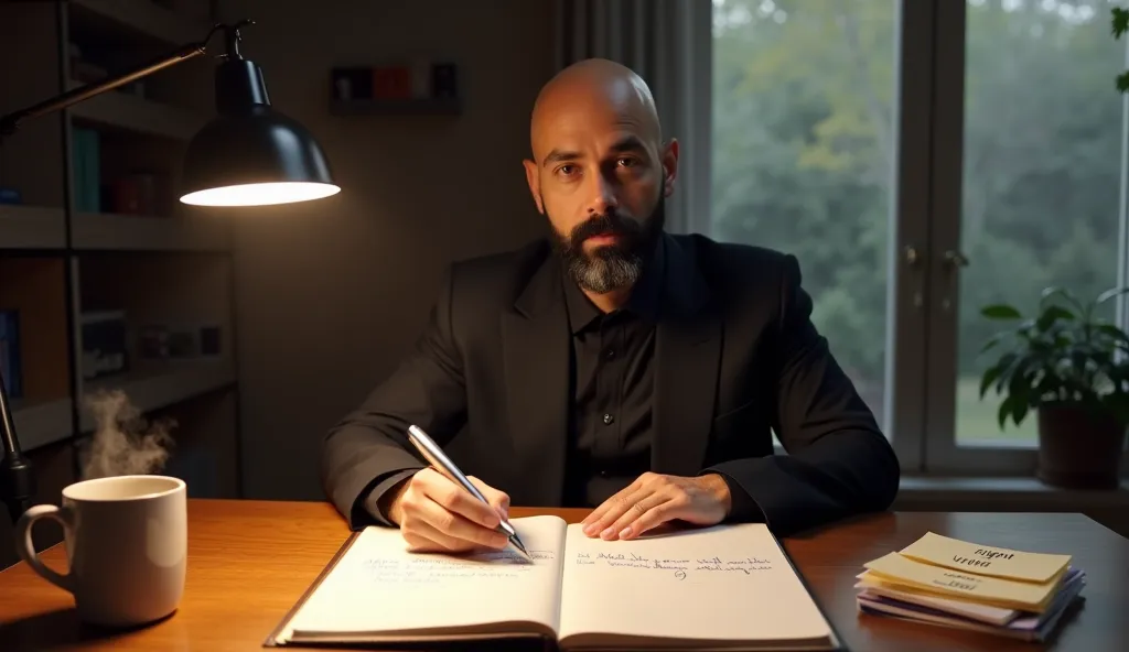 An ultra 8k resolution realistic surreal professional photo, cinematic-still medium shot of the bald individual with a short black beard , seated at a wooden desk. They wear a neat black collared shirt , tailored black suit trousers , and polished black lo...