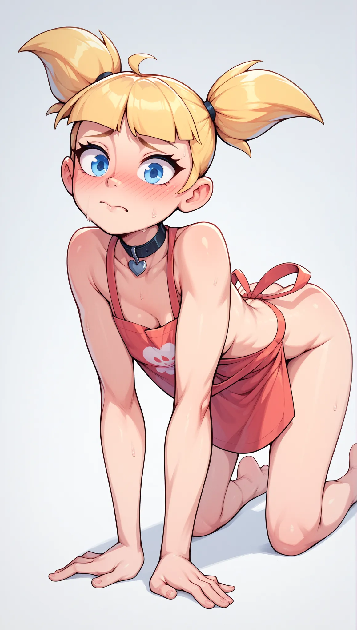 1girl, dee dee, blonde hair, short twintails, blue eyes, small breasts, posing embarrassed, red face, nude, Suspender Naked Apron, On all fours 