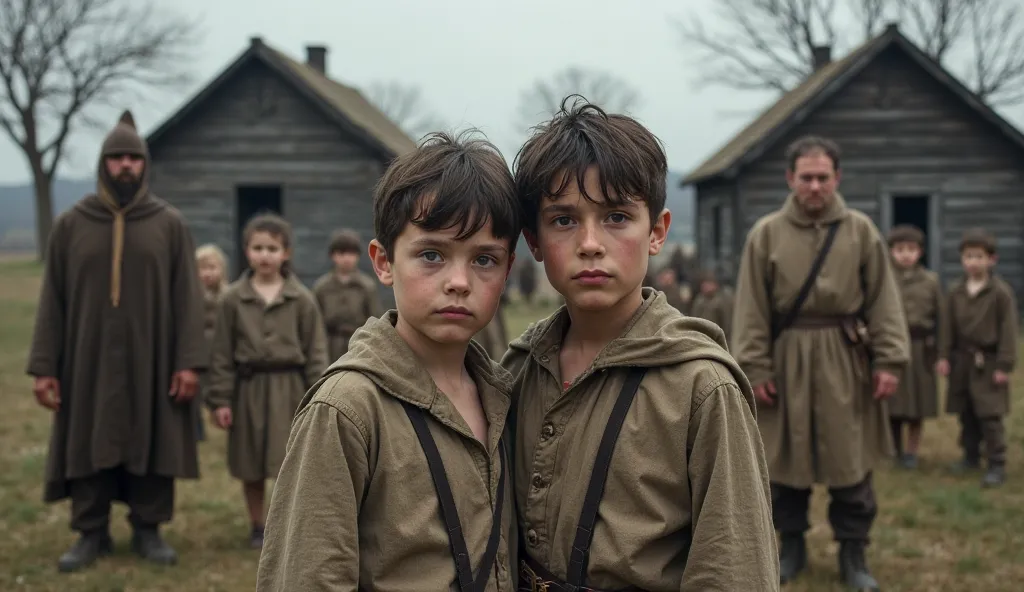 rural area with two wooden houses in the background. The central focus is on two young boys with  skin and dark,  eyes, standing closely together in the foreground. They are dressed in simple, old-fashioned clothing. Surrounding them are several other man,...