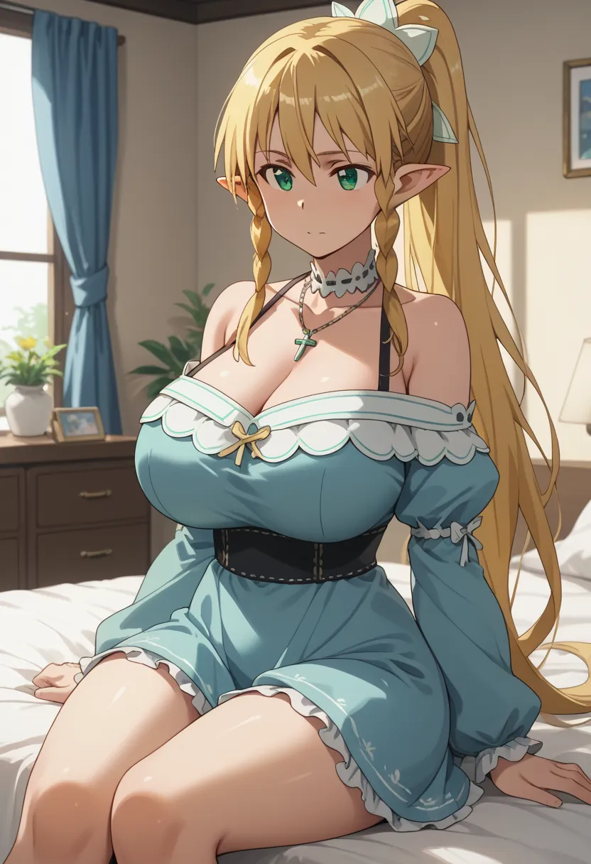 suguha kirigaya, long hair, blonde hair, hair between eyes, green eyes, ponytail, braid, pointy ears, twin braids, huge breasts, light blue dress, frilled dress, off-shoulders, round neck, necklace, curvy thighs, legs, from front, indoor, bedroom, masterpi...