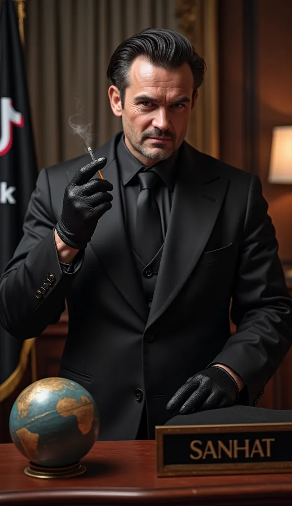 A picture of a person wearing a luxurious black suit, wearing gloves, holding a cigarette in his hand, and in front of him is a desk, and on the desk is a nameplate with the name SANHAT, and next to the board is a world ball, and next to the person is a fl...