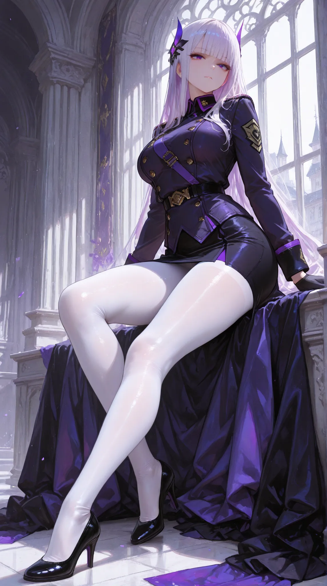 A beautiful girl, (white hair, dark violet clothes, skirt-like military uniform: 1.2, white pantyhose, black high heels, long hair, blunt bangs), thin white gloves, a purple hair ornament, (masterpiece, top quality, highly detailed, incredibly absurd high ...