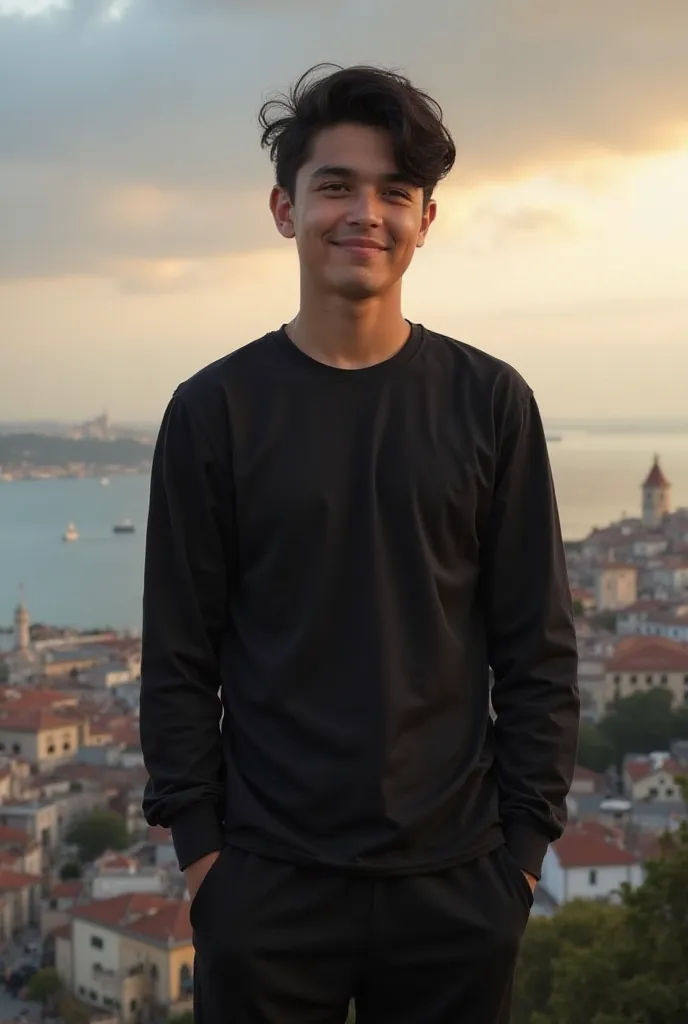 A 15-year-old boy standing confidently at Kadifekale, overlooking the panoramic view of İzmir, Turkey. He wears a black long-sleeve t-shirt and black sweatpants. His black hair is neatly styled, and he has a calm yet confident expression with a mix of a sl...