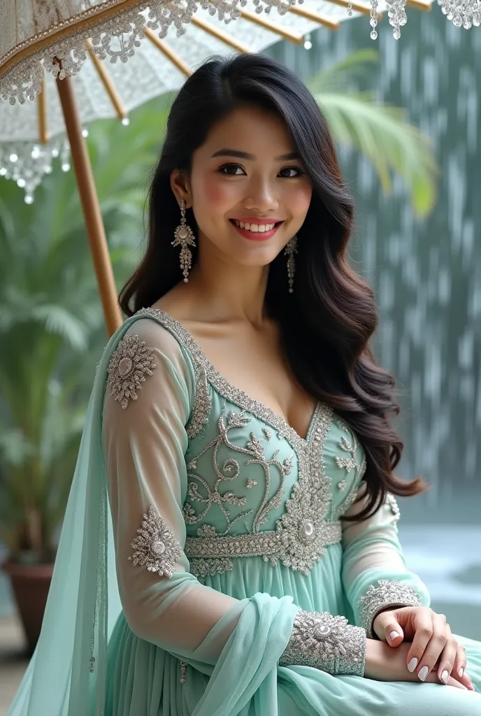 
 Reminds
 Make pictures of five Asian women smiling sweetly ang realistic
 with very long dark hair' which is beautiful. he
 wearing a charm-colored Pakistani dress with lace
 and embroidery. He holds silver and
 Cyan lace hand fan and wear matching
 Diam...