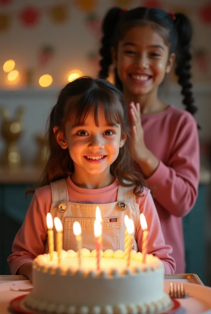 two girls  s in a photo the shorter one standing to cut her birthday cake and other clapping behind