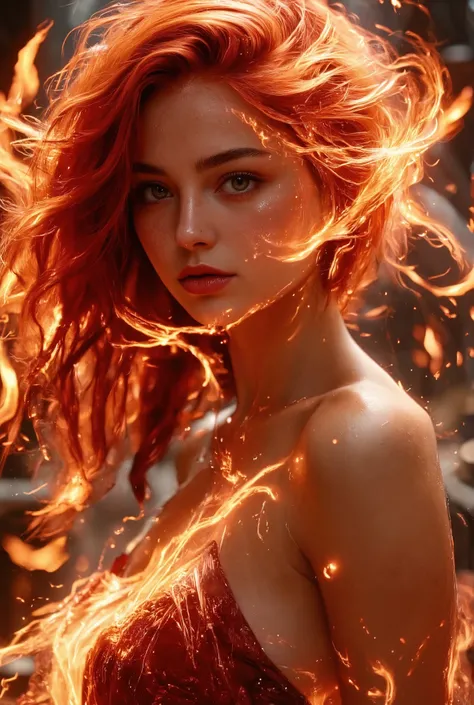  Beautiful Fire Spirit（angle from waist up）Droopy eyes((Long Straight Glowing Red Hair))beautiful, smooth, white, silky skin((very, very big eyes that shine red)) glossy red lips 、 very lean body、Beautiful, well-groomed face and accurate fingers、Very Gorge...