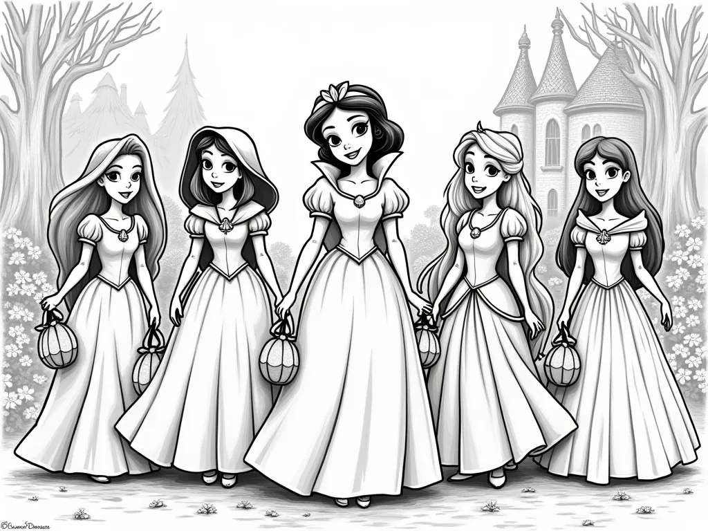 Create a drawing of six Disney princesses, with colors, which are Snow White in the center of the image, Little Red Riding Hood, Beauty and the Beast, Sleeping Beauty, Ramunzel, Aurora. These princesses in funny or crazy situations, with their crystal bags...