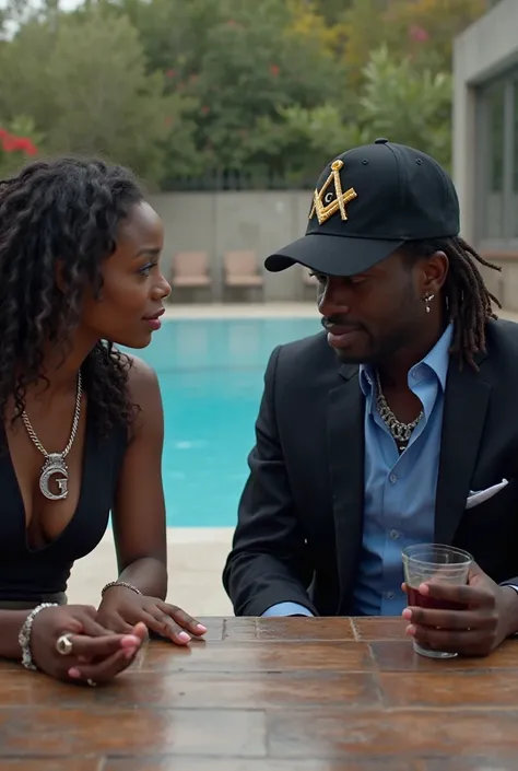 Ineed a photo of black beautiful women and man seating near  clearly discussing something on the table wearing black suit with blue shirt also wearing black cap with gold masonic logo compass Ruler and letter G also I need to see swimming pool behind them ...