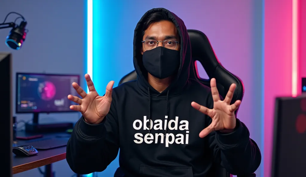 An Indian/ Bangladeshi man sitting confidently on a modern gaming chair in his YouTube studio. He is wearing a black hoodie with "Obaida Senpai" boldly printed on it. His face is clearly visible and expressive despite wearing a sleek black covID-19 mask. T...