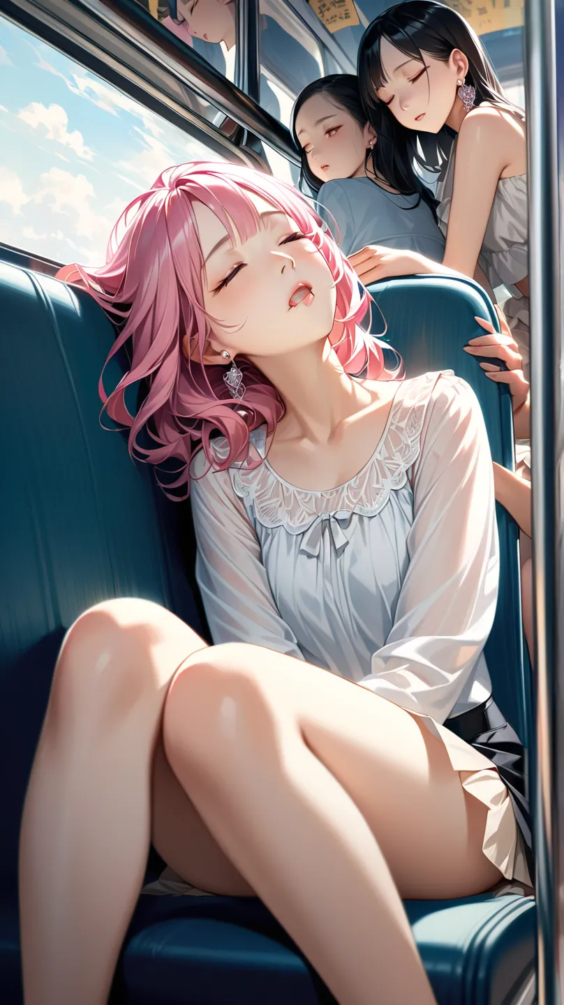 Clear images、Realistic Women、 pink hair, Half-up style for medium length hair ,head to toe shot in strappy stiletto heels with all bangs、 blouse、mini skirt、big ring earrings, sit in the back seat of the bus, He sleeps deeply、With head leaned back、I was sit...