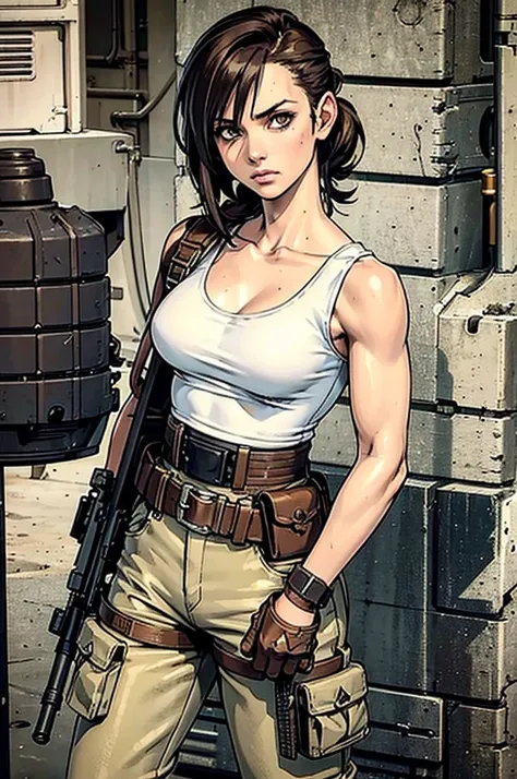 a military woman, well trained body, white sleeveless t-shirt, Exposed collarbone, beige leather shelter, blue pants, two leather belts with gun pockets, dark brown hair, carving, Brown eyes, hazel left eye, left eye with a scar, beach shore, at daytime, g...