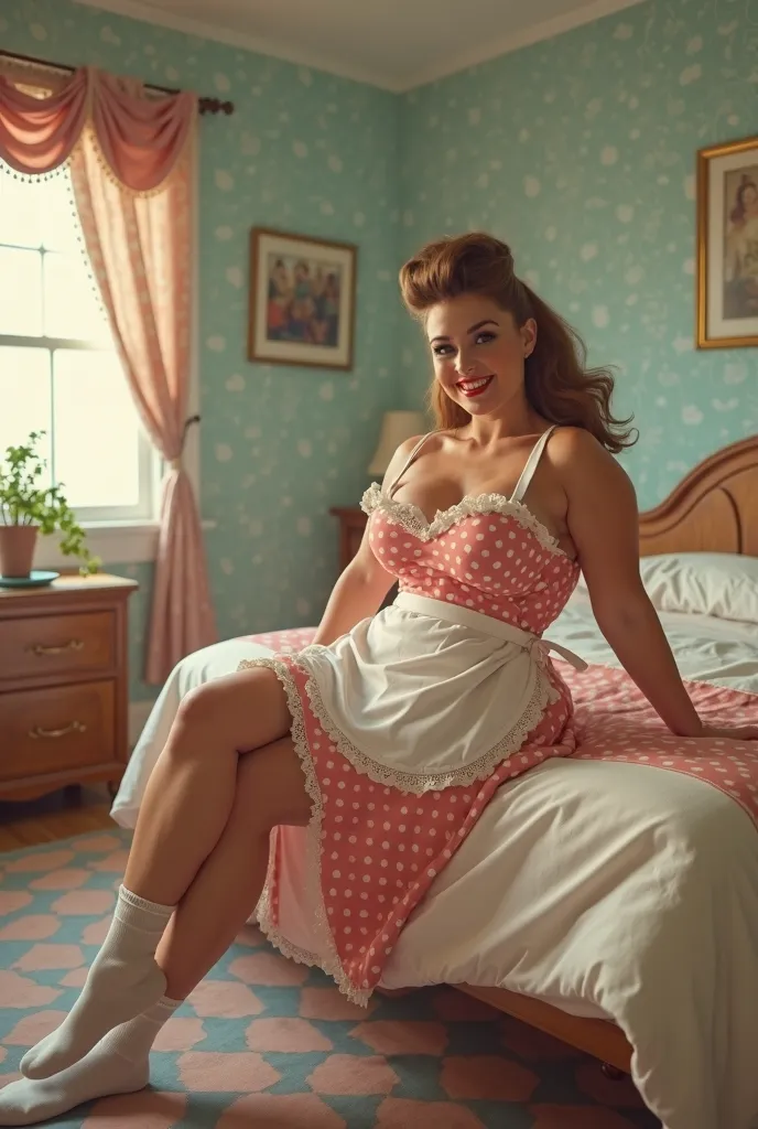 Create an extremely photorealistic image, of a 1960s "trad wife" happily in her bedroom, radiating beauty, confidence, and strength. In a nadir perspective, right below her. 

She is an extremely muscular bodybuilder woman, with oversized and exaggerated m...