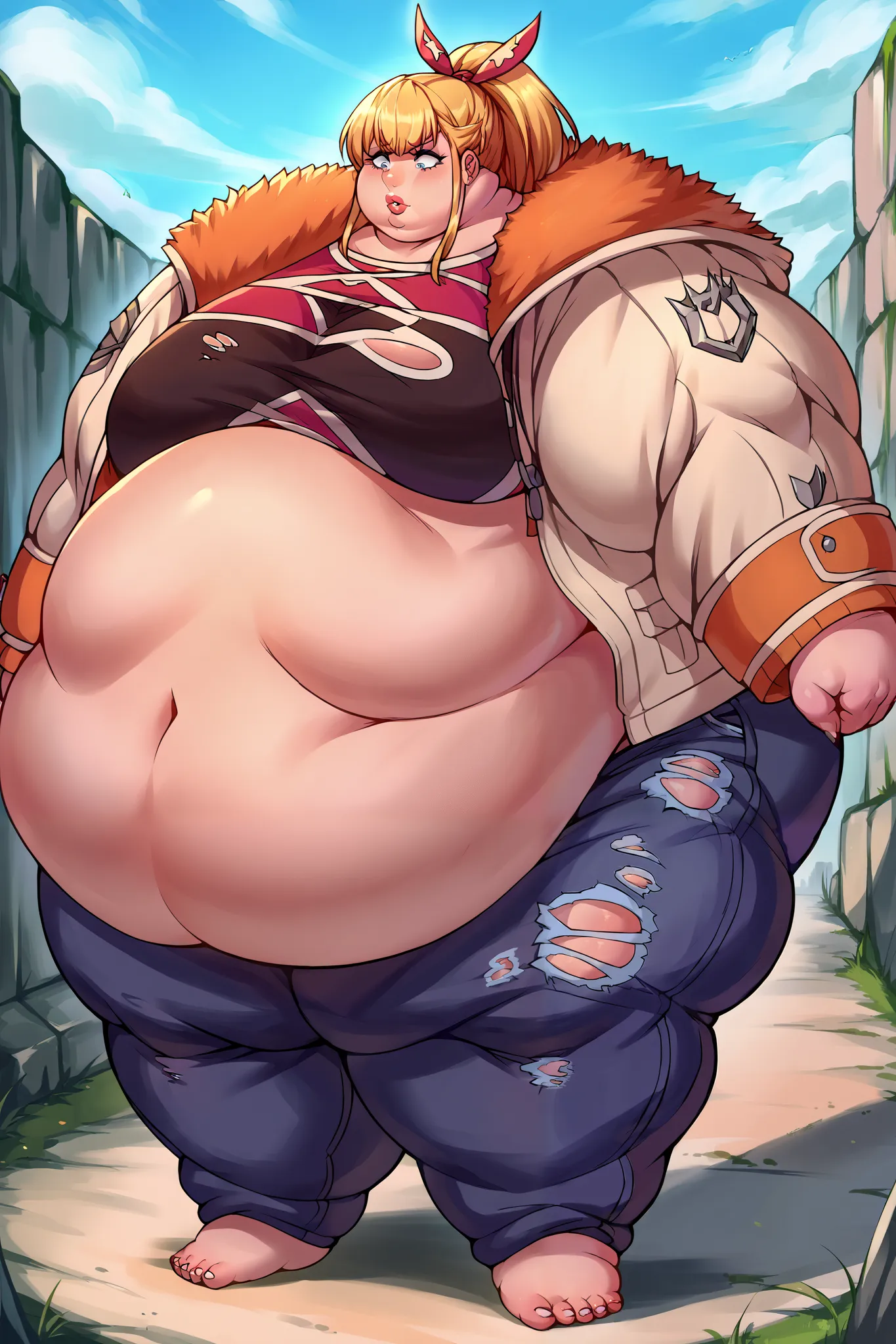 phyllo, long_hair, blonde_hair, ponytail, blue_eyes, ribbon, hair_ribbon, sidelocks, jacket, fur_trim, denim, breasts, long_sleeves, torn_clothes, shirt, outside, giant hands, giant feet, fat, chubby, obese, gigantic arms and legs, gigantic breasts, saggin...