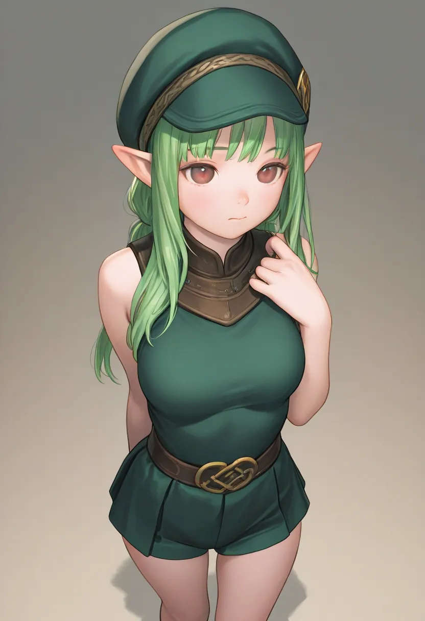 masterpiece, Girl with green hair and a green hat standing in a room, presentation art, artgerm style, Elf girl, murata range and artgerm, artgerm lau, you live, style of Artgerm ,  league of legends style , ruan jia and artgerm, artgerm style, ! germ of d...