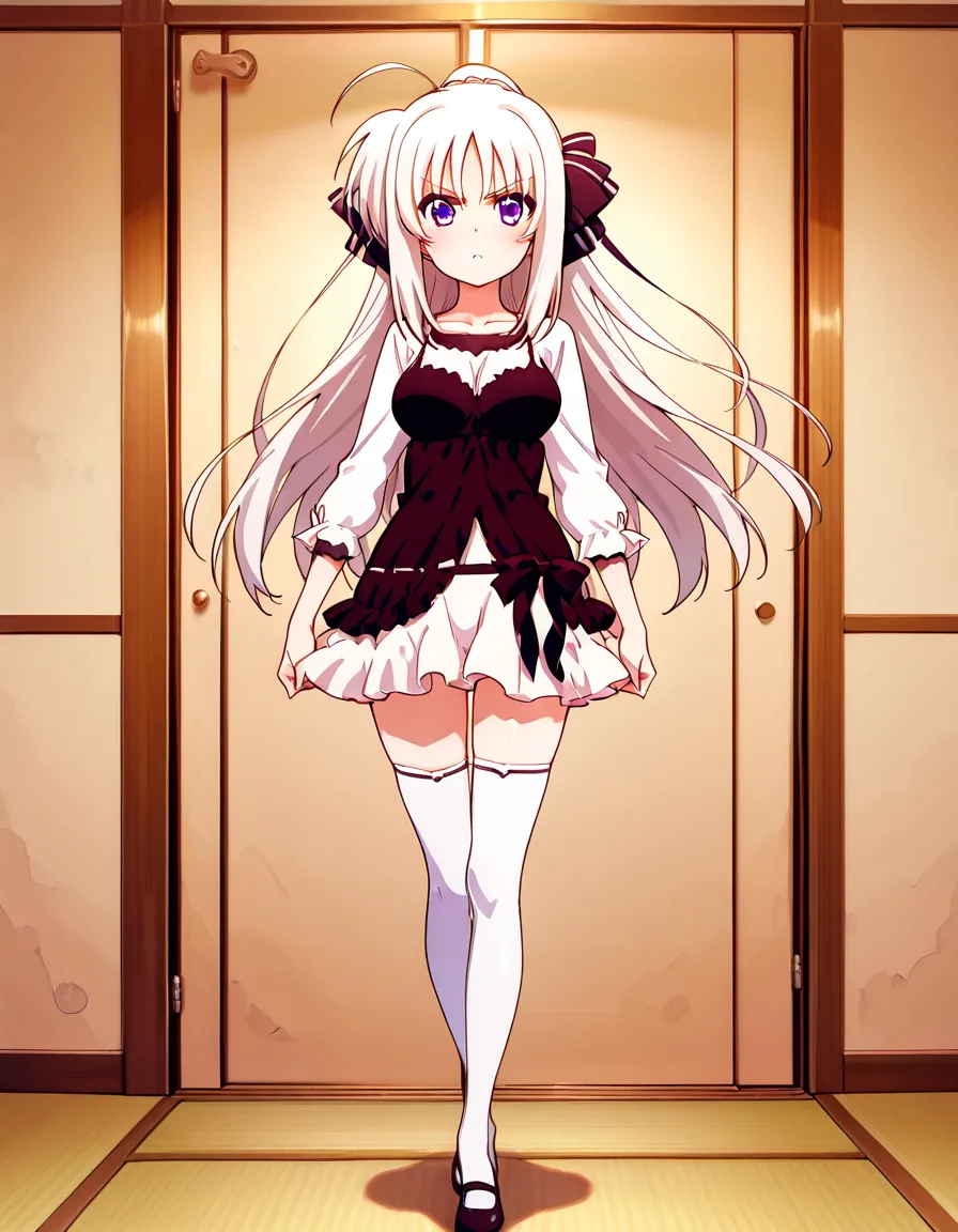  score_9, score_8_up, score_7_up, source_anime, rating_safe BREAK 1 girl, solo, ((indoor)), best quality, high quality, ultra detailed, detailed fingers, ((white hair)), absolute territory, dress, skirt, ((white thigh high socks)), shoes, waist ribbon, lon...