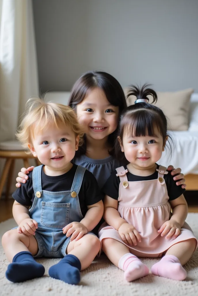 Realistic photography art, full body, extremely realistic photo of twin siblings and older sibling. A baby boy sitting, he has honey-blond hair, long hair, messy slightly wavy hair, striking light blue eyes, asian eye shape, fair skin. Wearing blue overall...