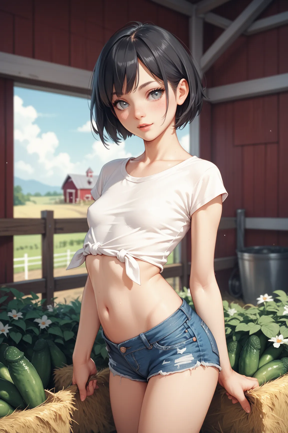 Skinny Girl ,  Black hair ,  short hair,  grey eyes,  small breasts ,  wide hips, denim shorts, white shirt, farm, cucumbers