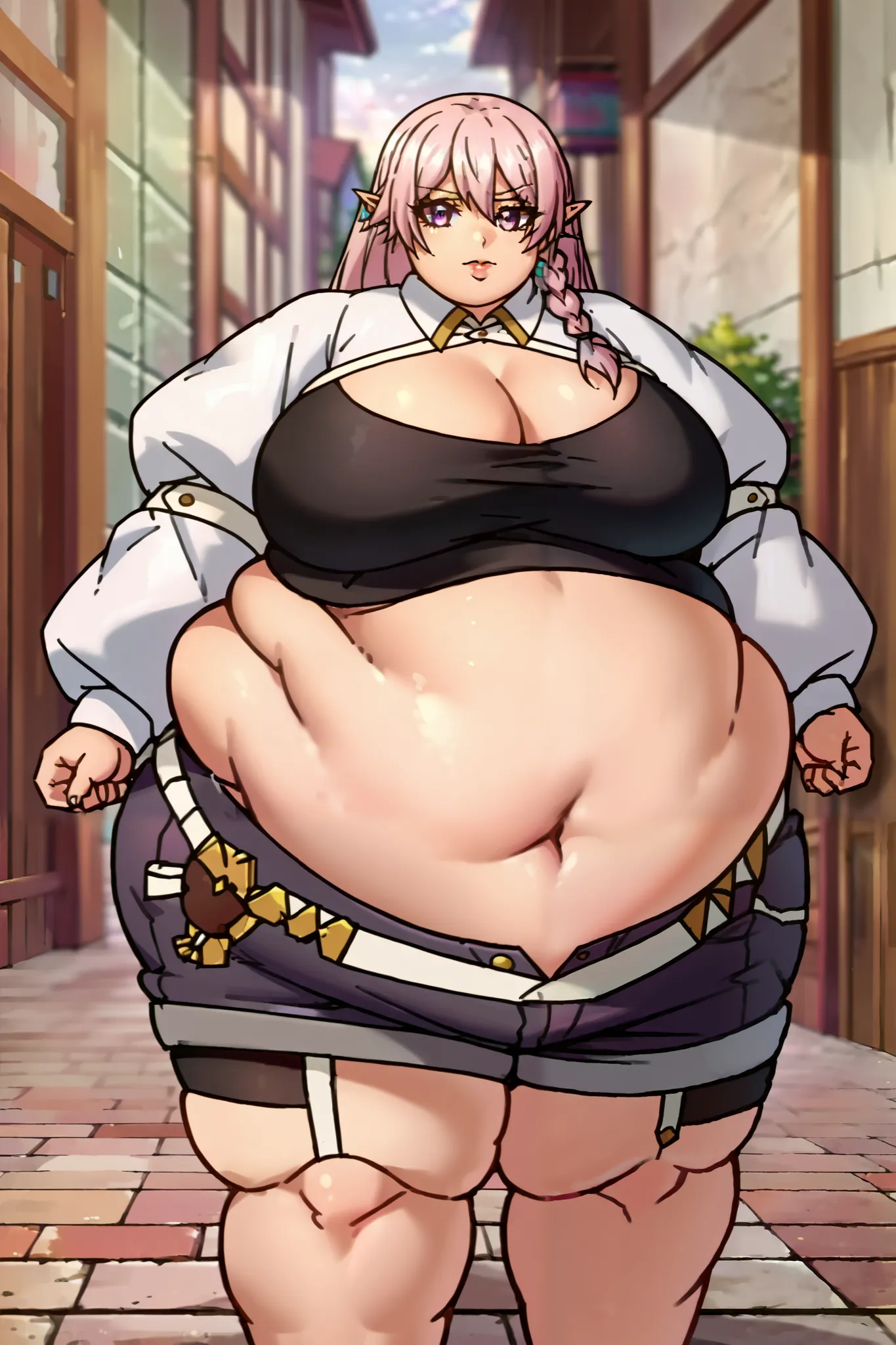 luna healer, 1girl, long_hair, braid, pointy_ears, pink_hair, purple_eyes,  braid, elf, pointy_ears, solo,       long_sleeves, navel, cleavage,  midriff, belt, crop_top, garter_straps, short_shorts, outside, giant hands, giant feet, fat, chubby, obese, gig...