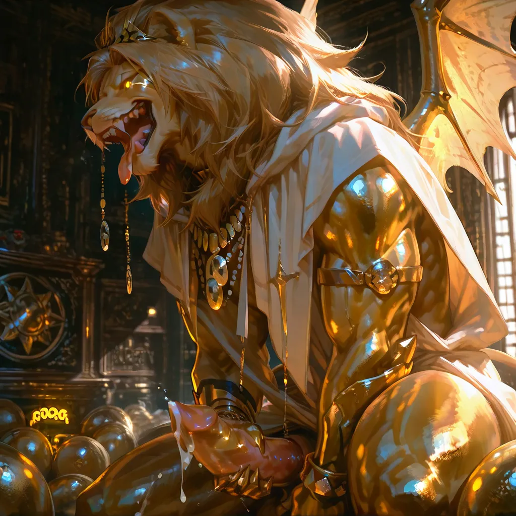 ((stunning)), ((dramatic lighting)), ((cinematic)). (chunie style)..  (furry, anthro).  ((solo)), ((alone)). , male focus..  moaning, happy, .  ((lion)), dilf, ((muscular, chubby, big hair, wings)), (((tongue out, sharp teeth, ))), ((gold glowing eyes)). (...