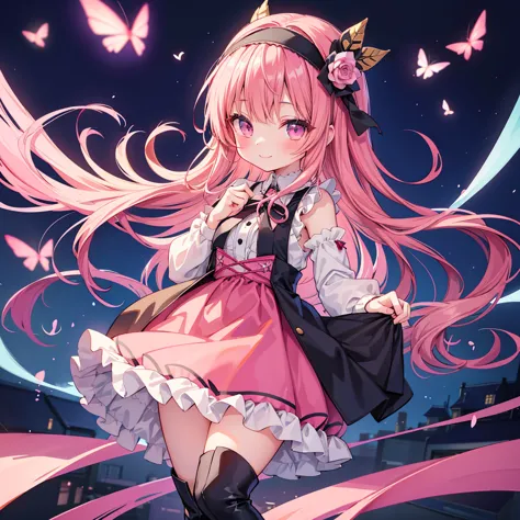  anime style、story、、  beautiful girl、とてもcute天使、pink gothic dress、cute、baby face、smile、LOVE LONG SKIRTS、black boots、Very cute headband
