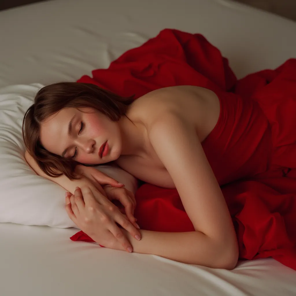 Cailee Spaeny, picture from above, lying limp on a bed, red strapless dress, sleeping, closed eyes, head tilt, mouth slightly open, loose arms, 