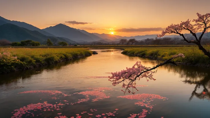 A tranquil river valley bathed in the golden hues of a setting sun, with scattered plum blossoms floating on the water’s surface.